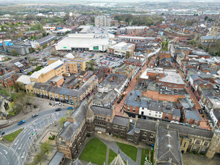 Aerial Footage of Central Rugby City of England During Cloudy and Windy Evening. Great Britain