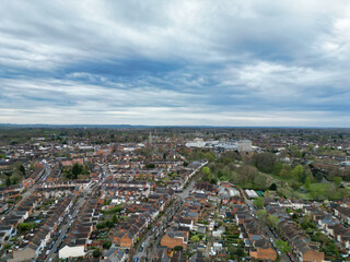 Fototapeta na wymiar Aerial Footage of Central Rugby City of England During Cloudy and Windy Evening. Great Britain