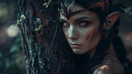 beautiful dark elf , red eye  staring at you , fantasy art - obrazy, fototapety, plakaty