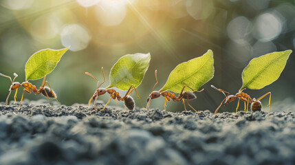 close up of group of ant holding green leaf on soil , incest life , micro view , ant colony - obrazy, fototapety, plakaty