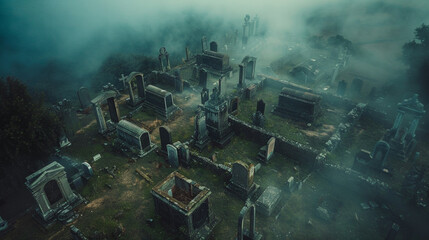 high angleview of graveyard , cloudy day ,tomb field