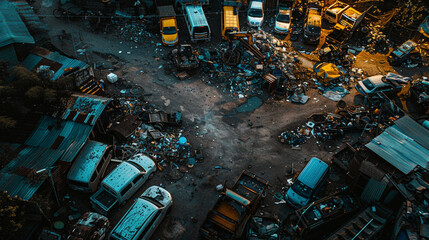 high angle view of junkyard and car wrecks , junkland - obrazy, fototapety, plakaty