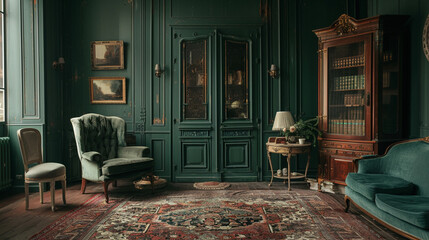 interior of a green antique room ,  victorian room style , vintage furniture