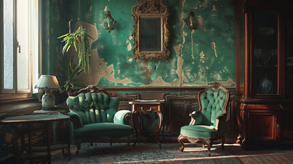interior of a green antique room ,  victorian room style , vintage furniture - obrazy, fototapety, plakaty