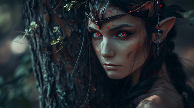 beautiful dark elf , red eye  staring at you , fantasy art