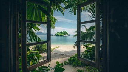 tropical island view window , blue sky on sea ,transparent blue sea