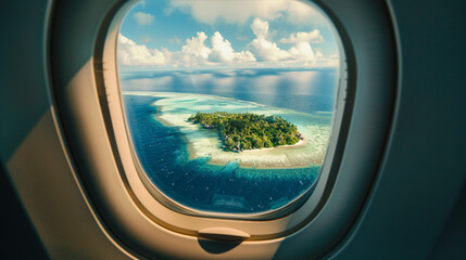 tropical island view airplane window , blue sky on sea ,transparent blue sea