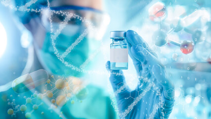 Close-up of a vaccine bottle with molecular chemistry graphics, innovation in pharmaceuticals.