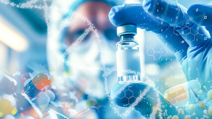 Close-up of a vaccine bottle with molecular chemistry graphics, innovation in pharmaceuticals.
