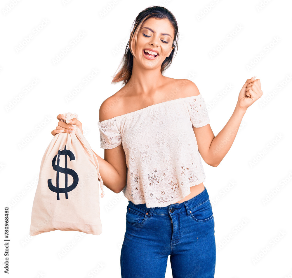 Sticker young beautiful woman holding money bag with dollar symbol screaming proud, celebrating victory and 