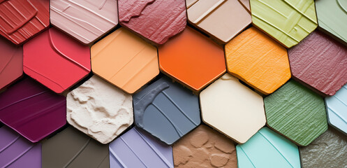 Hexagonal tiles, arrayed in a shingle application. All various colors and textures; background image