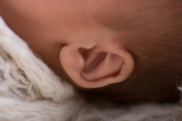 Close up macro photography of a newborn baby ear person attention listen