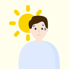 Sweating man under hot sun. Hot temperature, over heat, healthcare concepts. Flat vector character design illustration isolated on background.