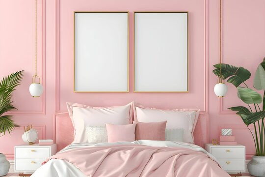 Frame & poster mockup in with Art Deco Pastel style bedroom with pastel colors