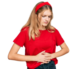 Beautiful young caucasian girl wearing casual red t shirt with hand on stomach because indigestion, painful illness feeling unwell. ache concept.
