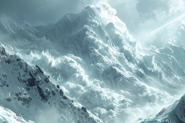 A tumultuous avalanche of snow cascading down a steep mountainside, burying everything in its path. Concept of snowy turbulence. Generative Ai.