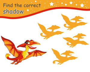 Find correct shadow of cute pterodactyl dinosaur vector illustration