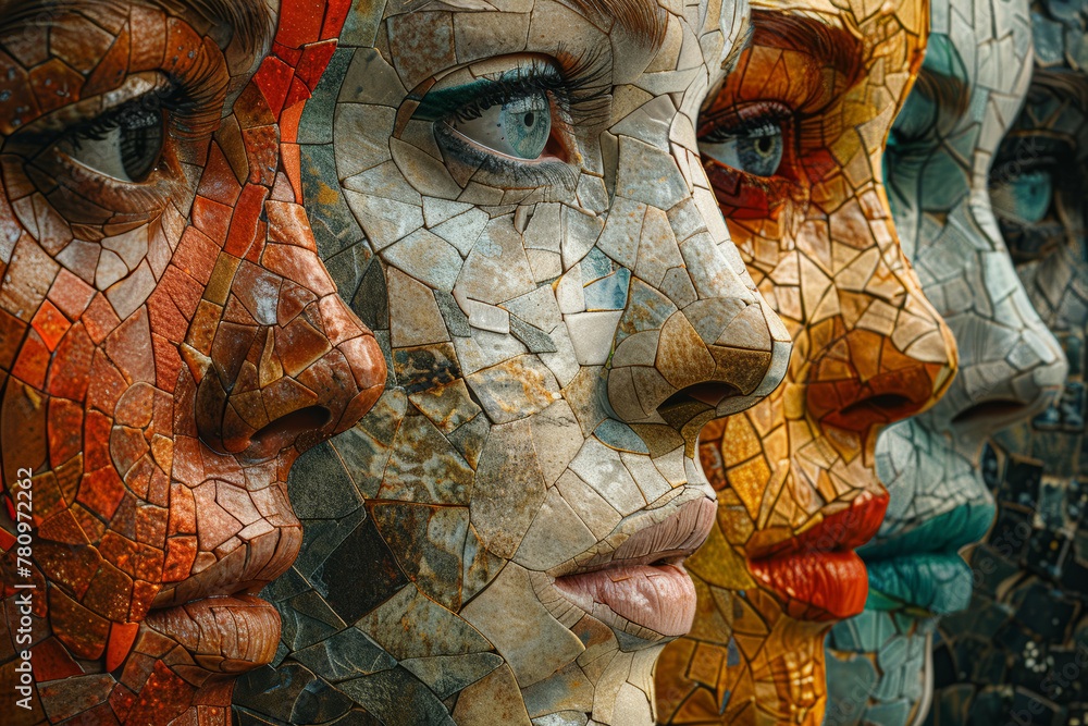 Poster a mosaic of identities and personas reflecting the complexity of the human condition, each fragment 