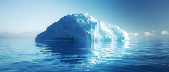 a majestic iceberg floating serenely on calm waters, bathed in soft, diffused light.