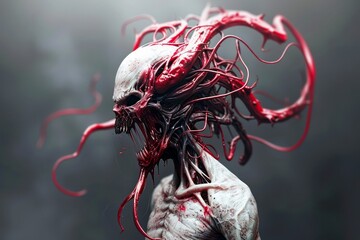 Surreal Horror Creature with Tangled Tentacles in Abstract Environment Artistic Conceptual Illustration