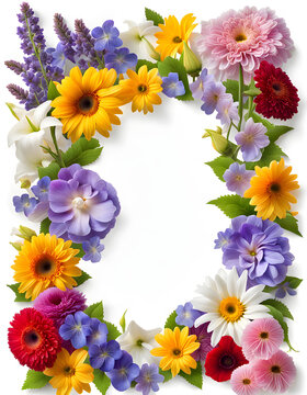 Portrait image of wet pansy gerbera carnation poppy sunflower and periwinkle flowers frame border