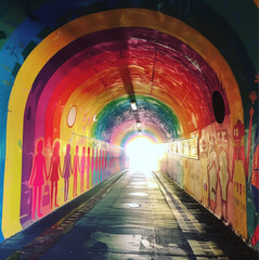 road through a tunnel that has all kinds of gender propaganda on the walls, at the end of the...
