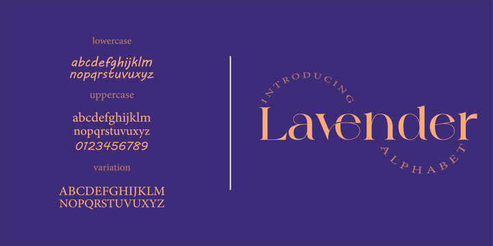 Lavender elegant Font Uppercase Lowercase and Number. Classic Lettering Minimal Fashion Designs. Typography modern serif fonts regular decorative vintage concept. vector illustration