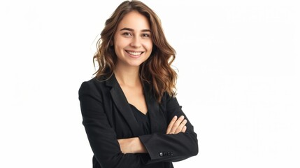 Obraz premium Smiling woman in black blazer and jeans