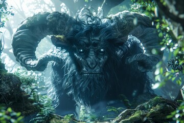 Enigmatic Forest Guardian Beast with Majestic Horns in a Mystical Woodland Fantasy Creature Digital Art Illustration