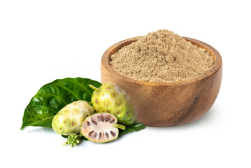 Noni or Morinda Citrifolia powder in wooden bowl with noni fruit and leaves isolated on white background.