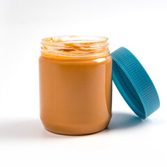 Jar of peanut butter on white background.