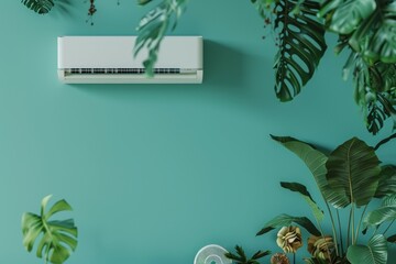 A white air conditioner is mounted on a wall next to a green wall. Summer heat concept