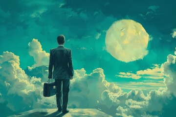 A man in a suit is standing on a ledge looking at a large moon. Business concept - obrazy, fototapety, plakaty