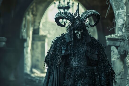 Mysterious Horned Figure in Dark Cloak Standing in Eerie Ancient Stone Archway, Fantasy Concept - Powered by Adobe