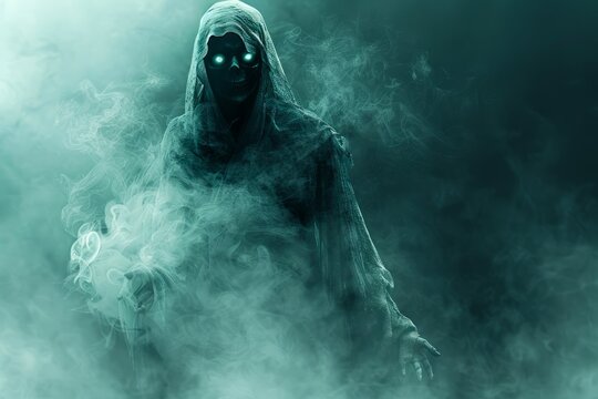 Mysterious Ghostly Figure in a Misty Blue Haze Spooky Apparition, Ethereal Phantom, Horror Concept Art for Halloween and Supernatural Themes