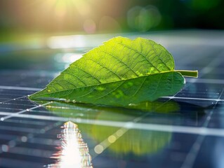 Green leaf is over a solar panel. Macro closeup concept of sustainable energy and nature. 