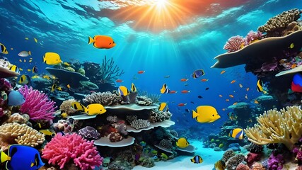 "Vibrant Coral Reef Ecosystem: Colorful Sea Life and Plants on Seabed Background"







