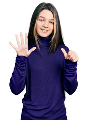 Young brunette girl with long hair wearing turtleneck sweater showing and pointing up with fingers number six while smiling confident and happy.