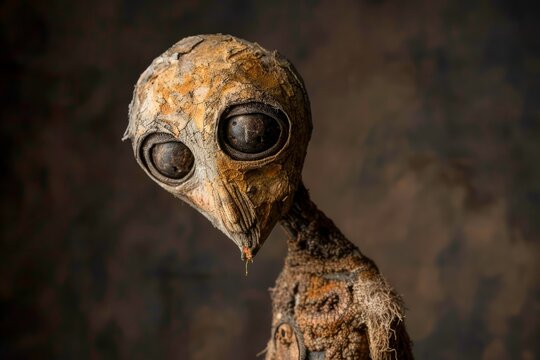 Surreal Sculpture of Textured Alien Creature with Large Eyes on a Vintage Textured Background Artistic Conceptual Portrait