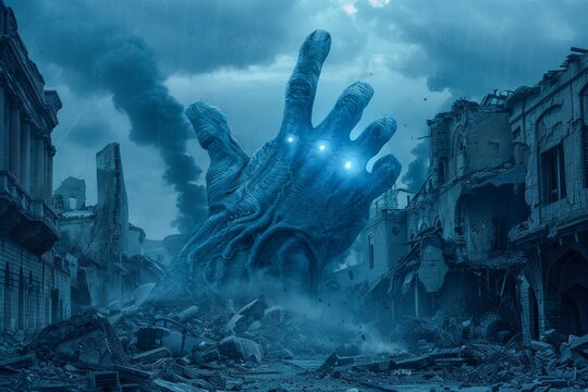 Giant Alien Hand Rises from Rubble in Post Apocalyptic Cityscape Under Ominous Sky - Powered by Adobe