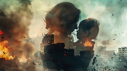 Double exposure of mother hugs her child silhouette against city explosion because of the war - obrazy, fototapety, plakaty
