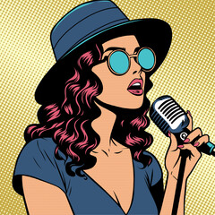 A female singer wearing glasses and a headset is holding a microphone and singing. well organized design shape and smoothly vectorized.