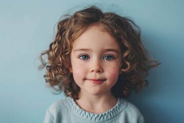 Portrait of a cute little girl with curly hair on a blue background