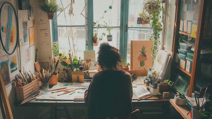 a young girl surrounded by art supplies and creative artwork, adorned with plants, warm colors, cozy atmosphere - Powered by Adobe