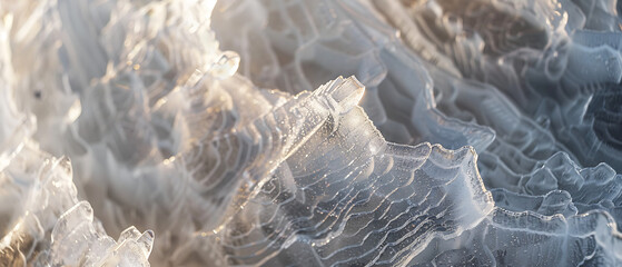 a close-up view of intricately patterned ice formations illuminated by sunlight.