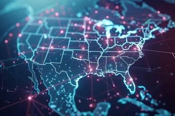 Digital map of America, global network connectivity, data transfer and cyber technology illustration - obrazy, fototapety, plakaty