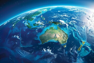 Satellite view of Earth focused on Oceania, Australia, New Zealand, Melanesia, Polynesia, Micronesia, 3D illustration - obrazy, fototapety, plakaty
