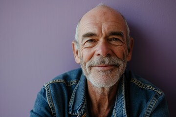Portrait of an old man with a gray beard and mustache on a purple background