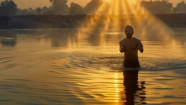 ilustração homem tomando banho no lago com por do sol ao fundo
