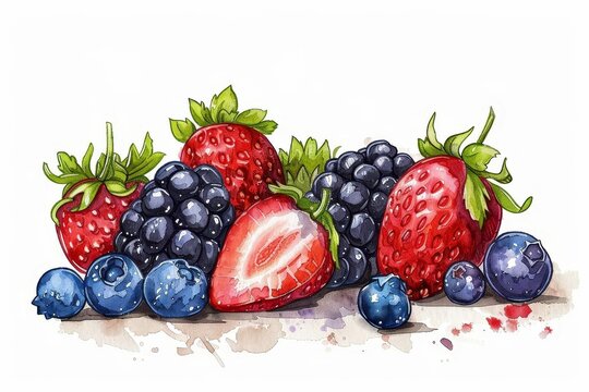 Mix of red fruits - blackberries, blueberries, and strawberries on white background, food illustration